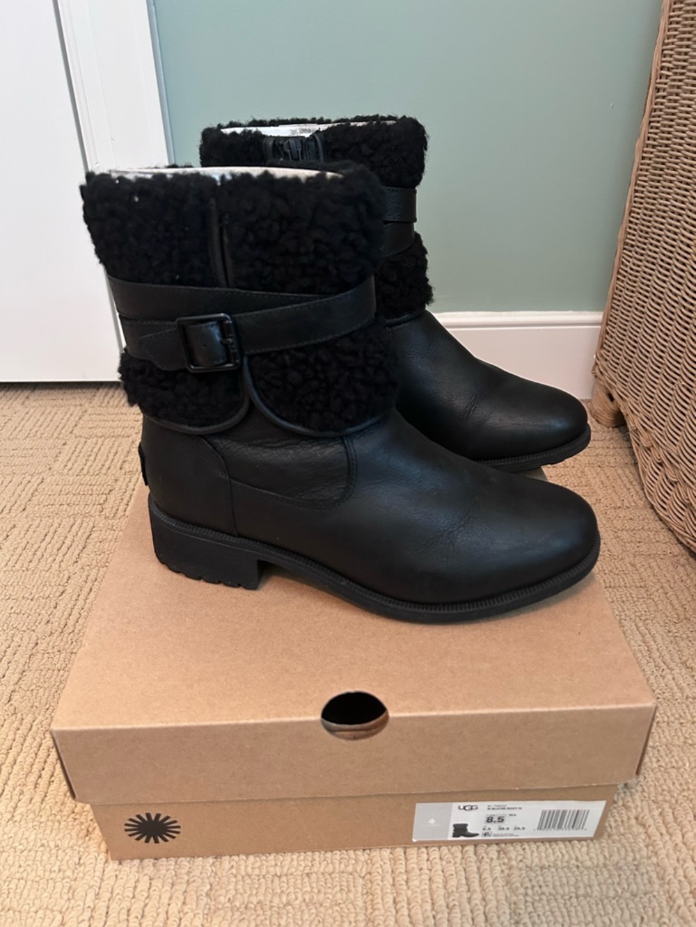 UGG Black Leather Shearling Cuff Short Winter Boots